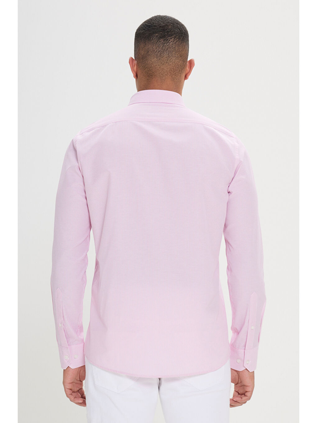 Erkek Beyaz-Pembe Slim Fit Dar Kesim Gizli Düğmeli Yaka Pamuklu Çizgili Gömlek-5