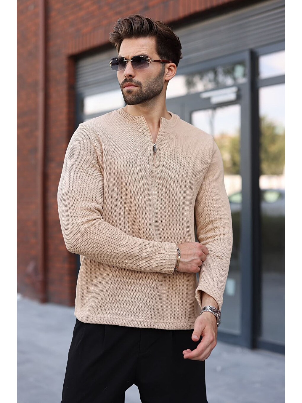 Bej Bisiklet Yaka Fermuar Detaylı Erkek Triko Sweatshirt E7209
