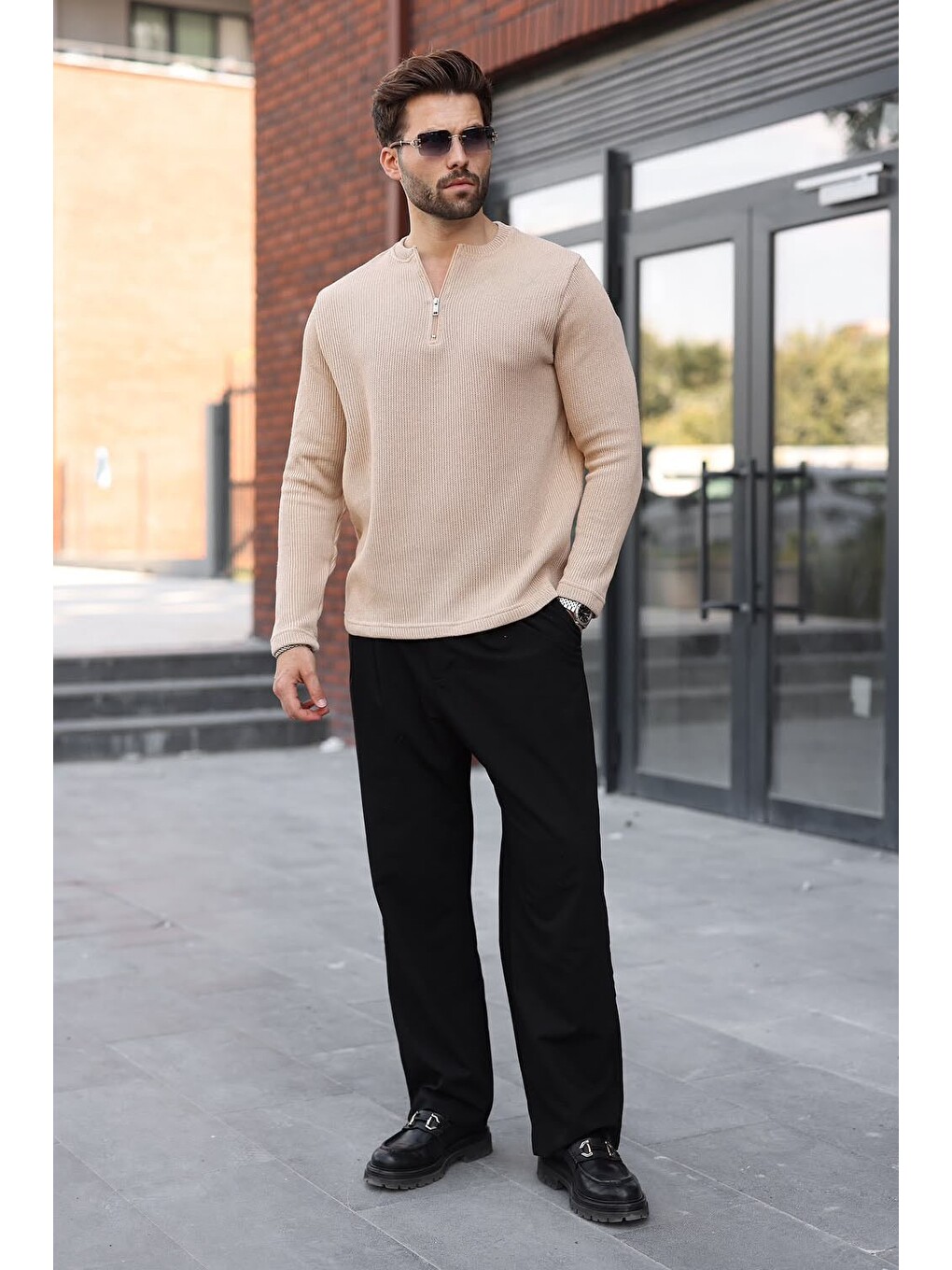 Bej Bisiklet Yaka Fermuar Detaylı Erkek Triko Sweatshirt E7209-1
