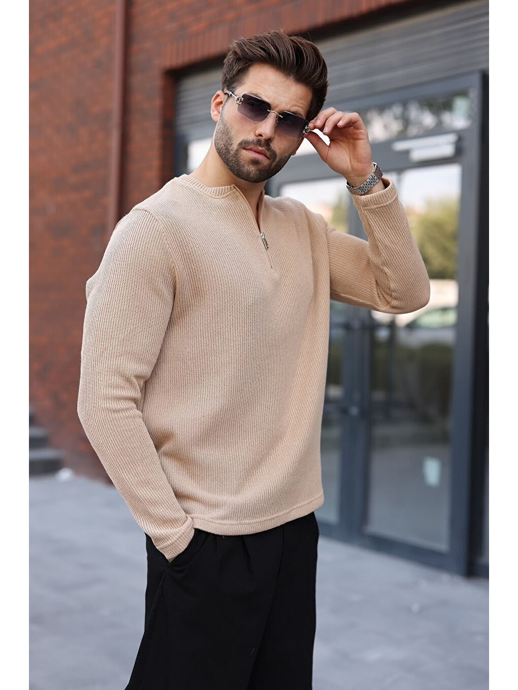 Bej Bisiklet Yaka Fermuar Detaylı Erkek Triko Sweatshirt E7209-2