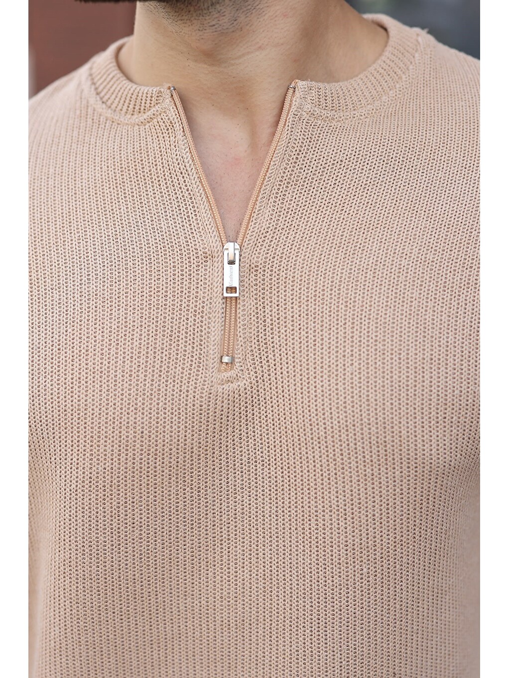 Bej Bisiklet Yaka Fermuar Detaylı Erkek Triko Sweatshirt E7209-4