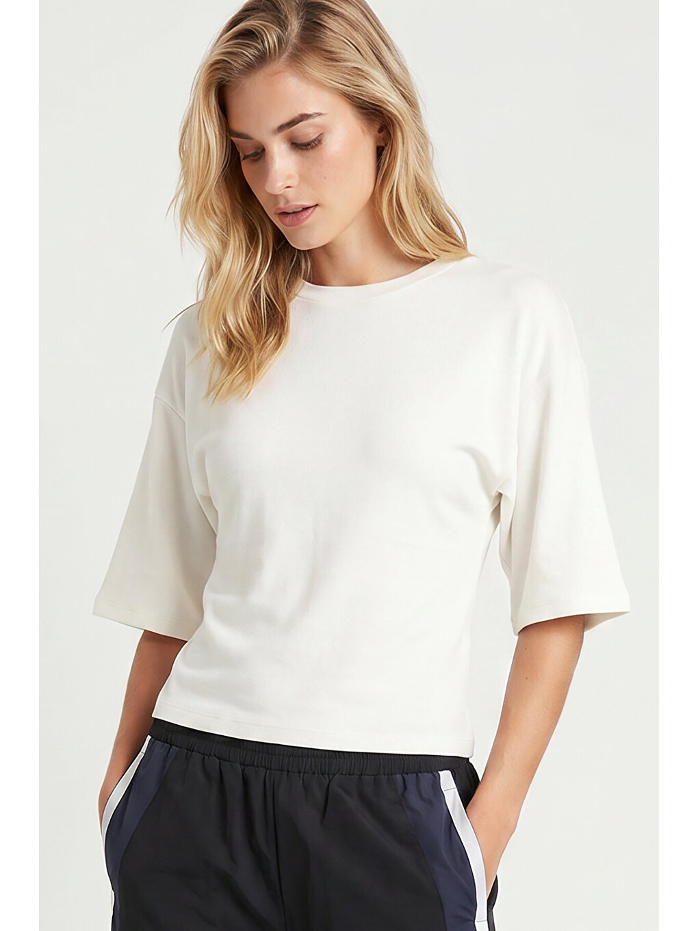 Ekru Yarasa Kollu Basic Modal T-shirt EKRU LUB0357-2