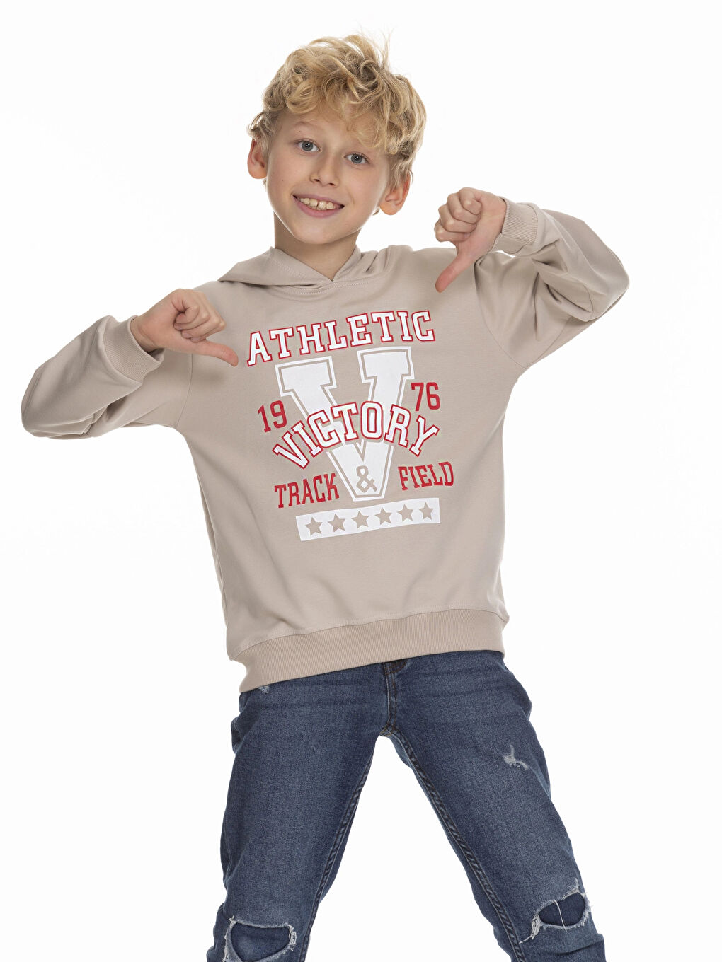 Bej Victory Baskılı Erkek Çocuk Hoodie 54459