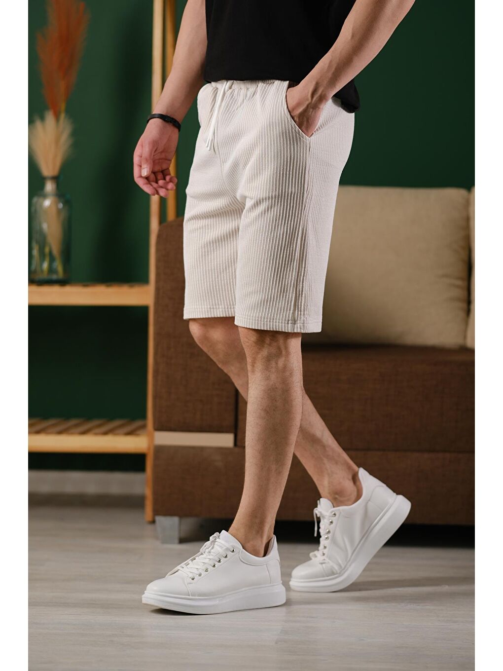 Ekru Ethan Çizgili Dokuma Slim Fit Elastanlı Erkek Bermuda Şort-3