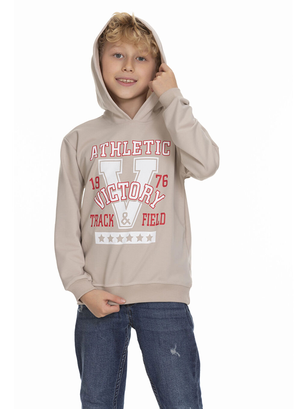 Bej Victory Baskılı Erkek Çocuk Hoodie 54459-1