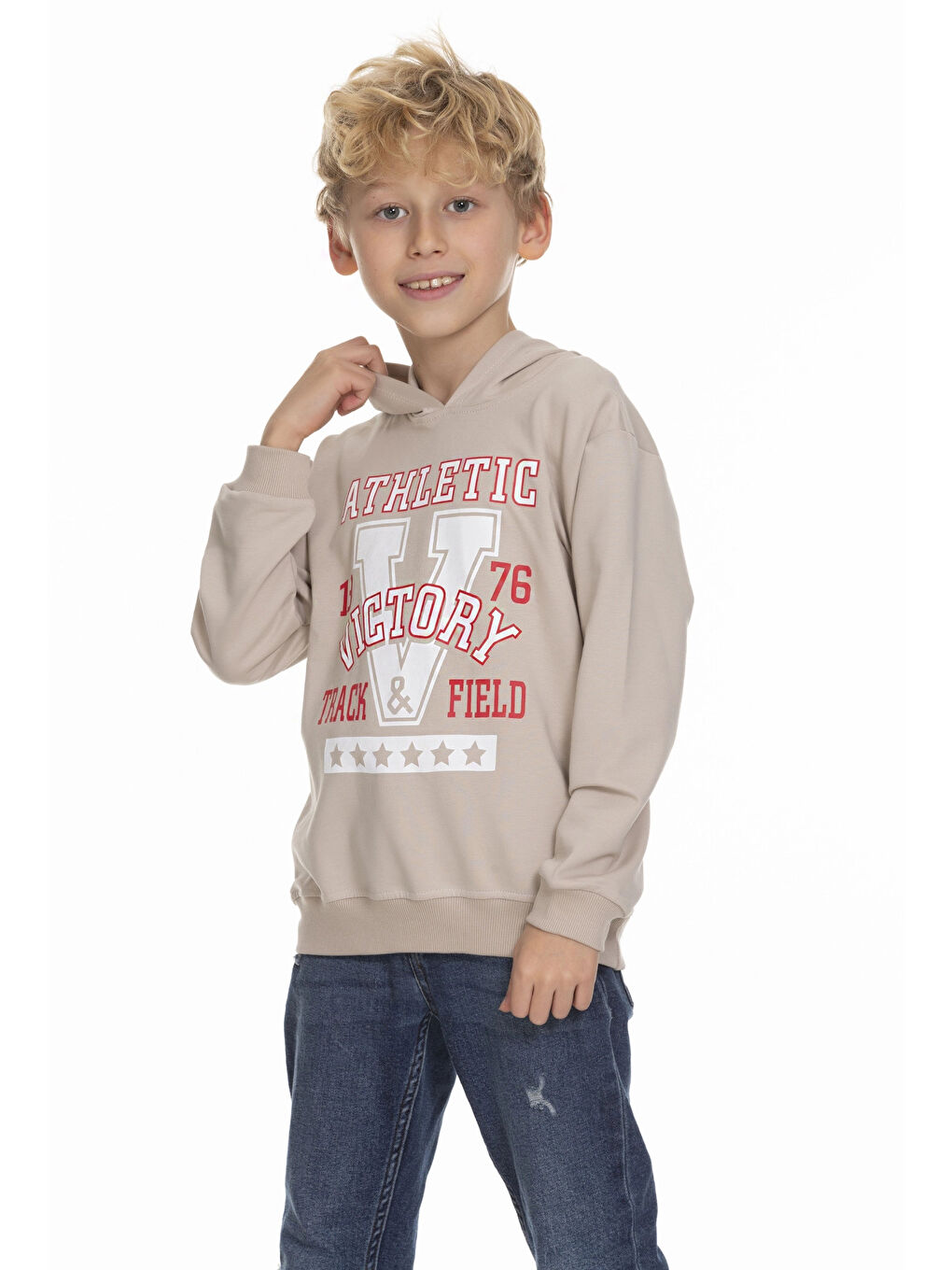 Bej Victory Baskılı Erkek Çocuk Hoodie 54459-2