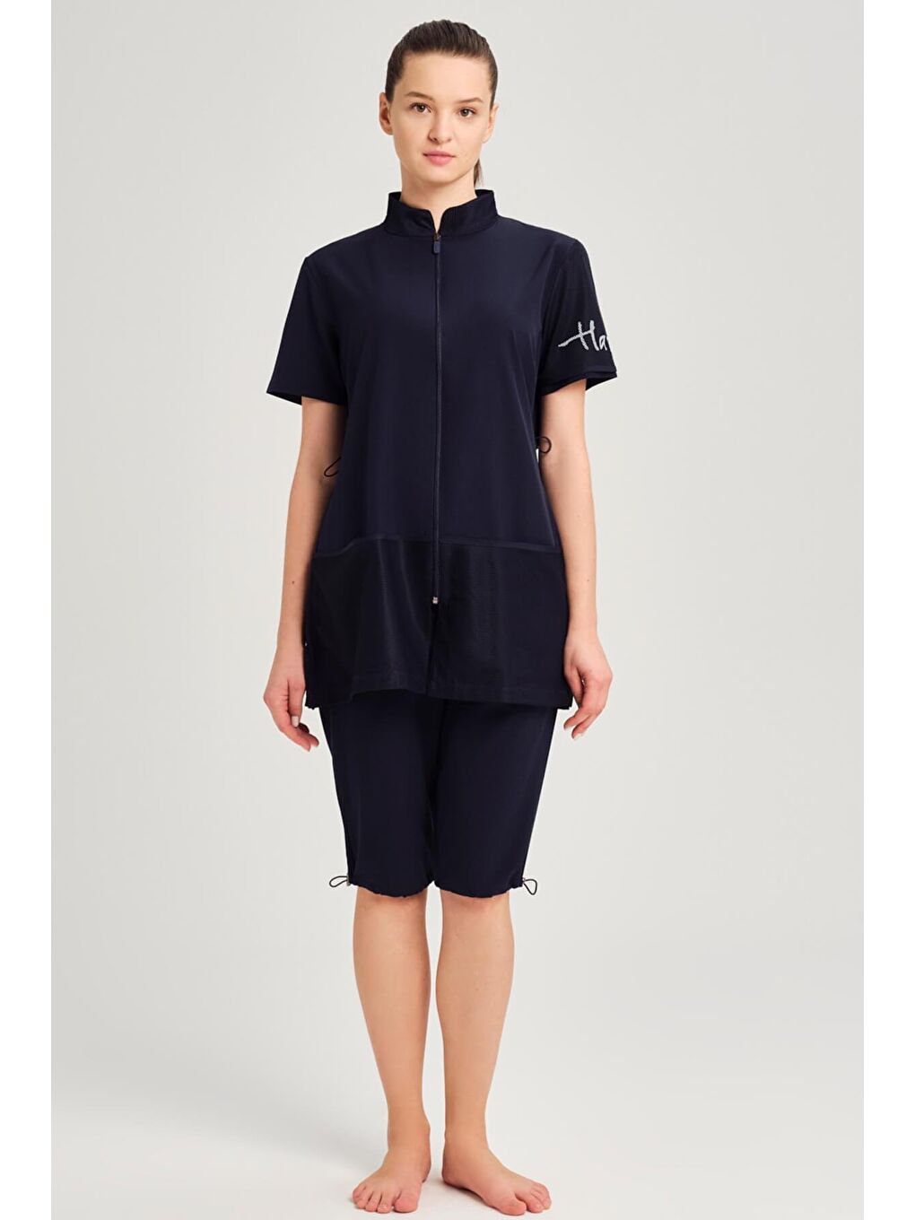 File Cep Detaylı Kısa Kol Fermuarlı Lacivert 4 Parça Yarı Kapalı Mayo Takımı 2843-1