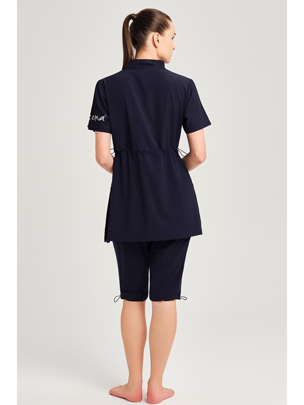 File Cep Detaylı Kısa Kol Fermuarlı Lacivert 4 Parça Yarı Kapalı Mayo Takımı 2843-3