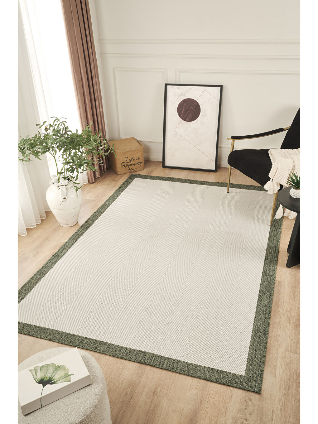Ekru Sisalux 3090 Krem Yeşil Sisal Dokuma Jüt Kilim Hav Toz Vermez Halı Salon Mutfak Oda Halısı-80x150