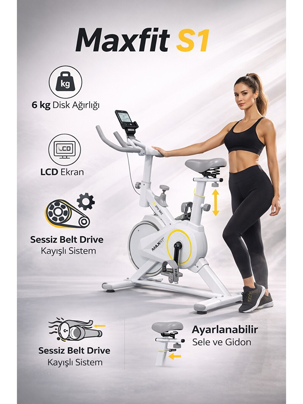 Beyaz S1 Spinbike Direnç Ayarlı Nabız Ölçerli Ayarlanabilir Sele Ve Gidon-2