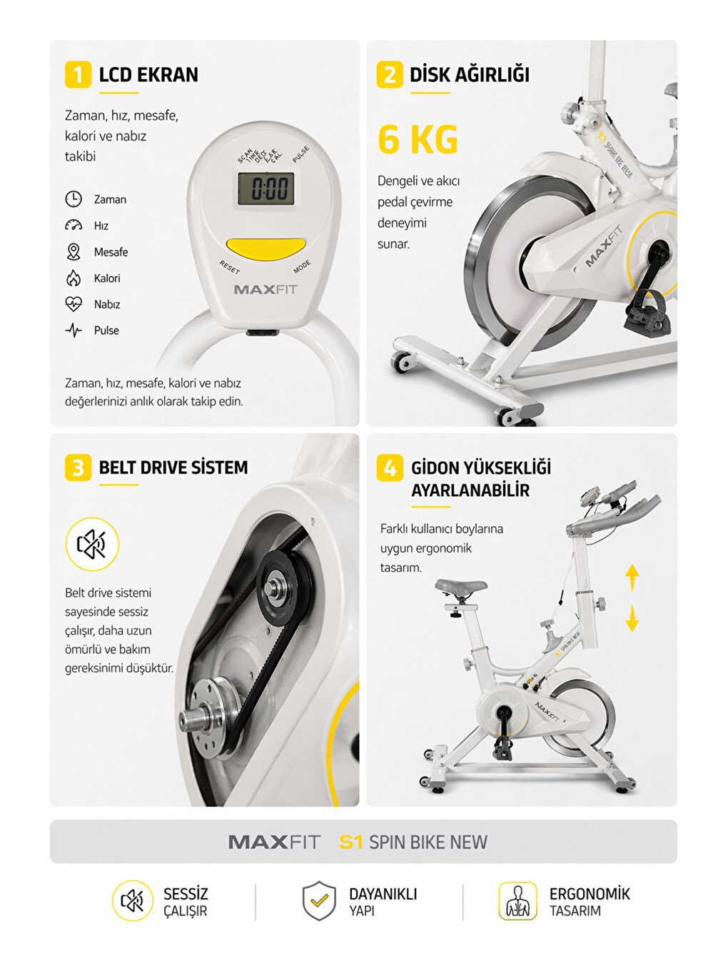 Beyaz S1 Spinbike Direnç Ayarlı Nabız Ölçerli Ayarlanabilir Sele Ve Gidon-3
