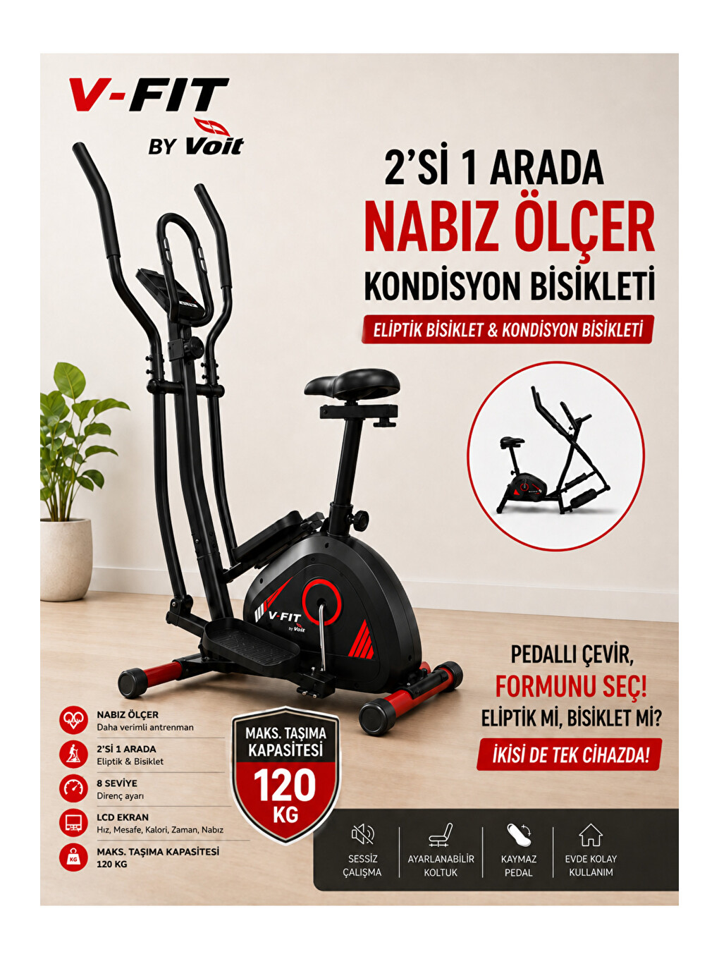 Siyah V-FIT By Voit 2'si 1 Arada Nabız Ölçer Eliptik ve Kondisyon Bisikleti, 120 Kg Taşıma Kapasiteli