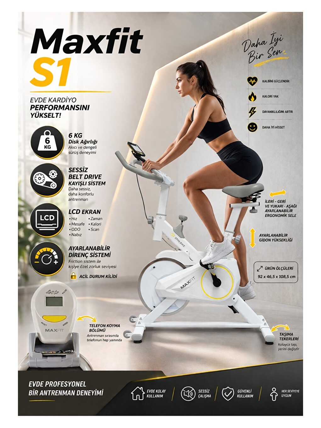 Beyaz S1 Spinbike Direnç Ayarlı Nabız Ölçerli Ayarlanabilir Sele Ve Gidon-4