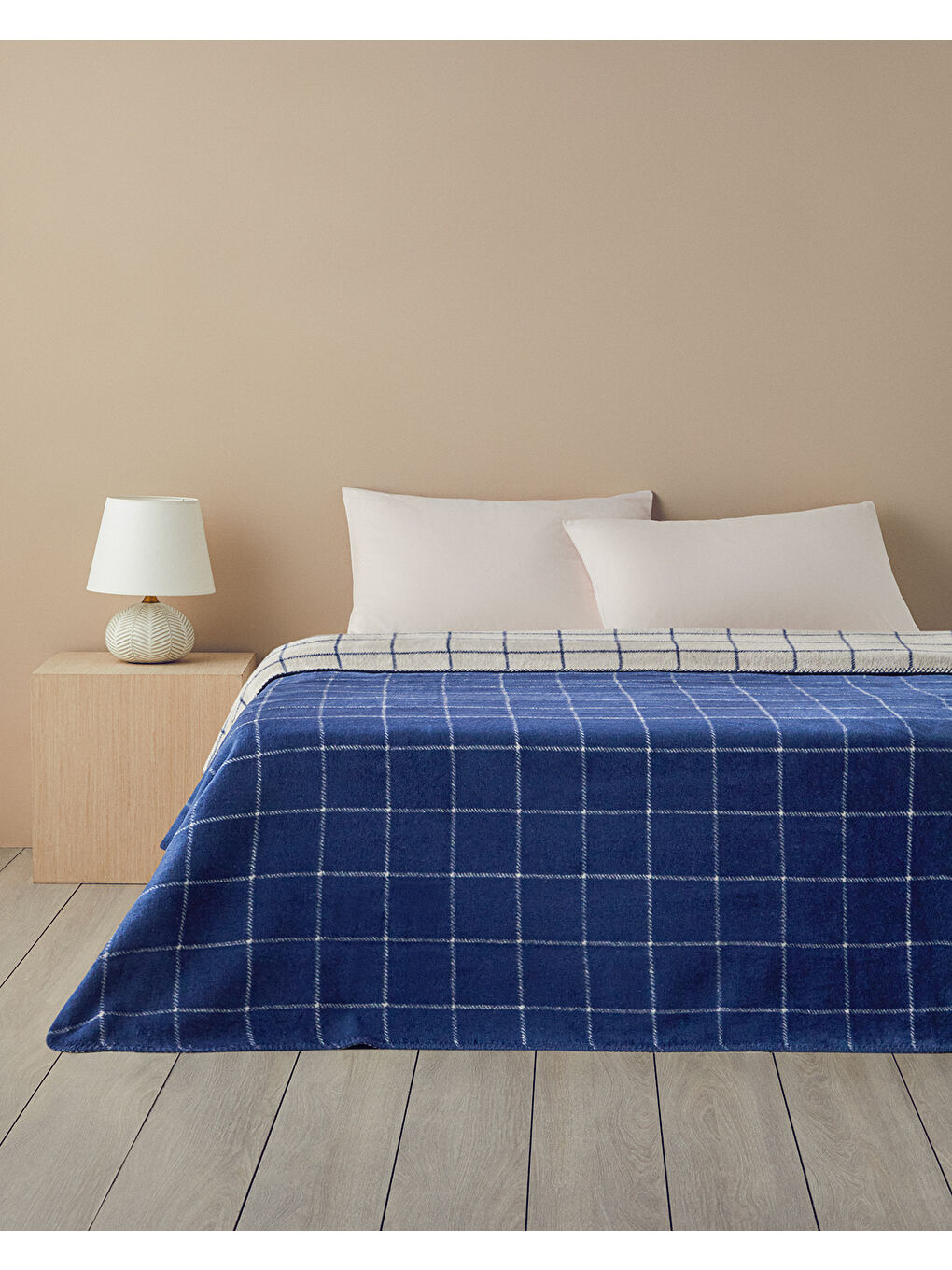 Plain Check Pamuklu Tek Kişilik Battaniye Lacivert - Krem-1