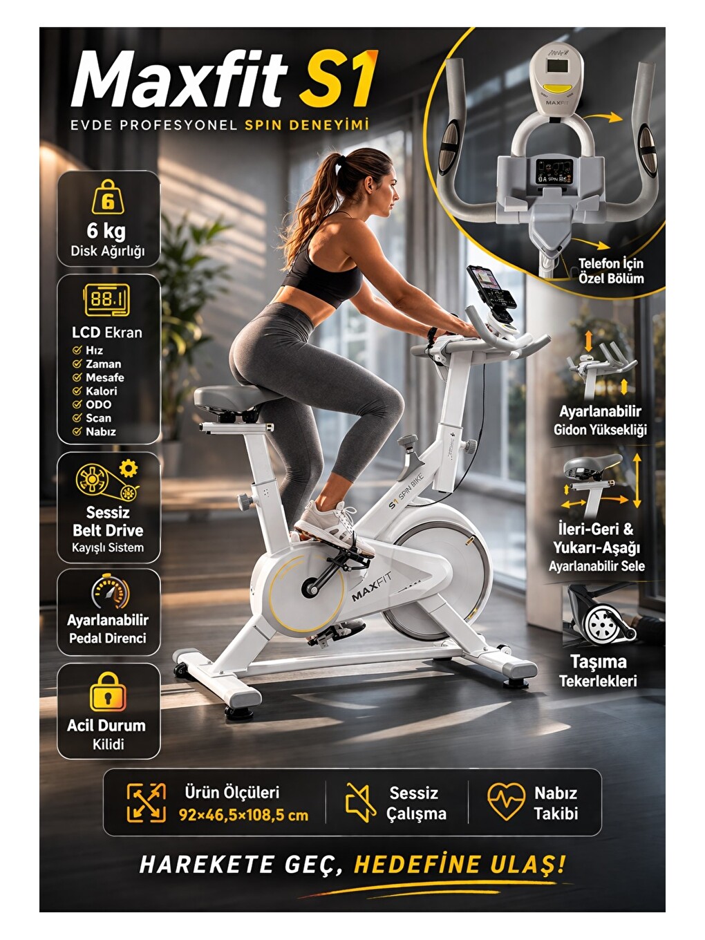 Beyaz S1 Spinbike Direnç Ayarlı Nabız Ölçerli Ayarlanabilir Sele Ve Gidon-5