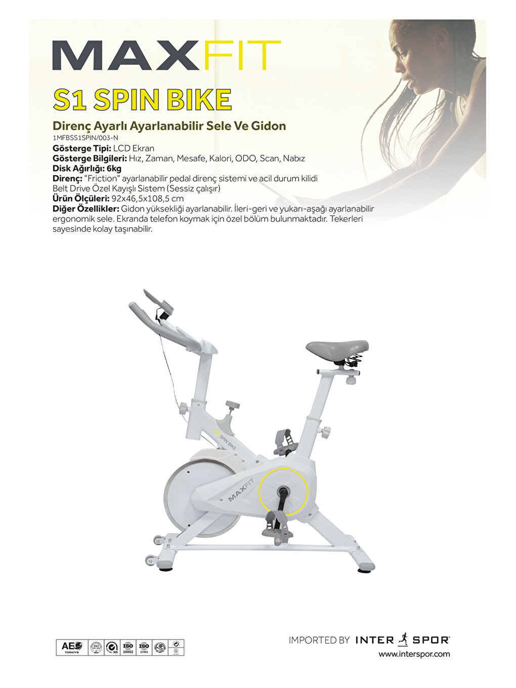 Beyaz S1 Spinbike Direnç Ayarlı Nabız Ölçerli Ayarlanabilir Sele Ve Gidon-6