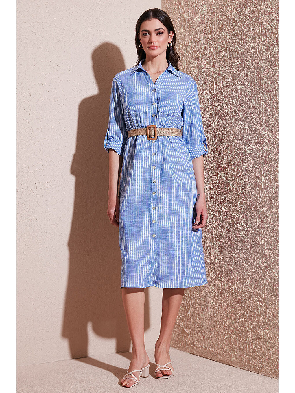 İndigo Pamuklu Regular Fit Kemerli Midi Boy Gömlek Kadın Elbise 67810301-1