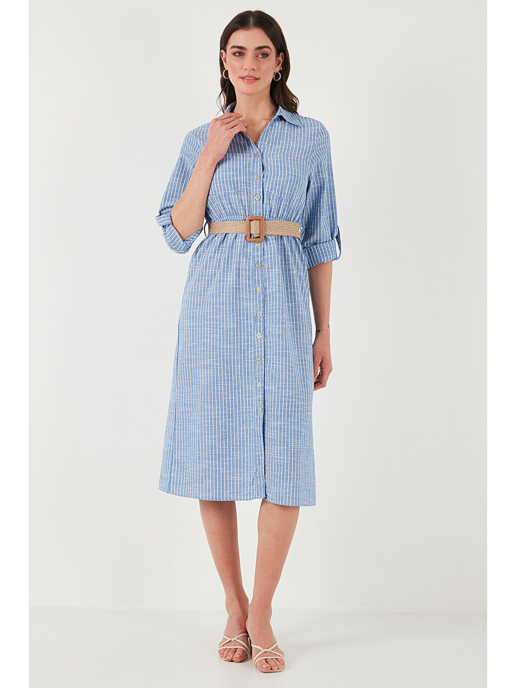 İndigo Pamuklu Regular Fit Kemerli Midi Boy Gömlek Kadın Elbise 67810301-2