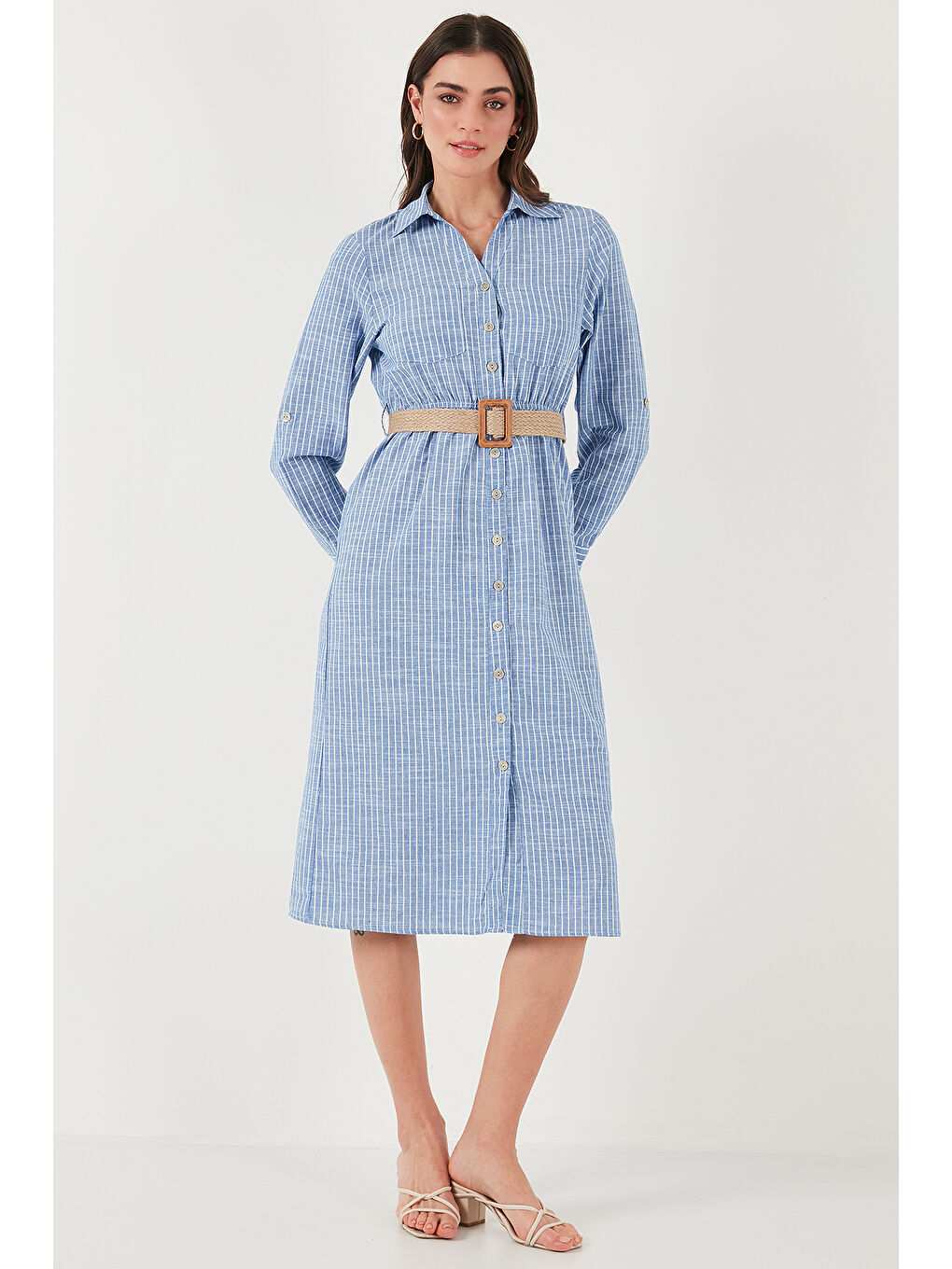 İndigo Pamuklu Regular Fit Kemerli Midi Boy Gömlek Kadın Elbise 67810301-3