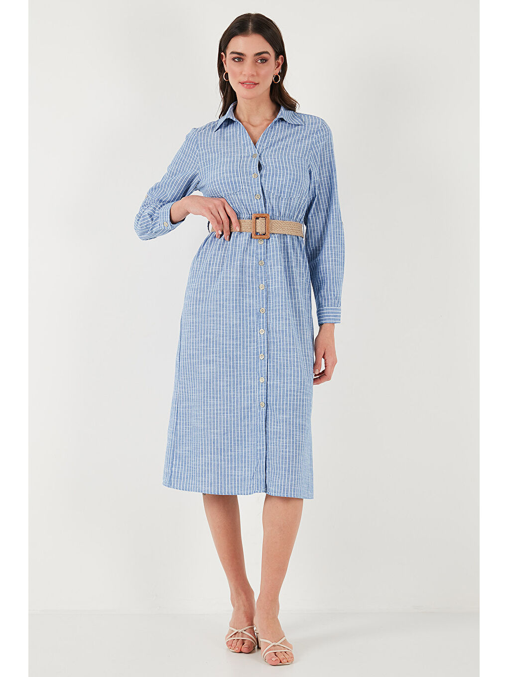 İndigo Pamuklu Regular Fit Kemerli Midi Boy Gömlek Kadın Elbise 67810301-4