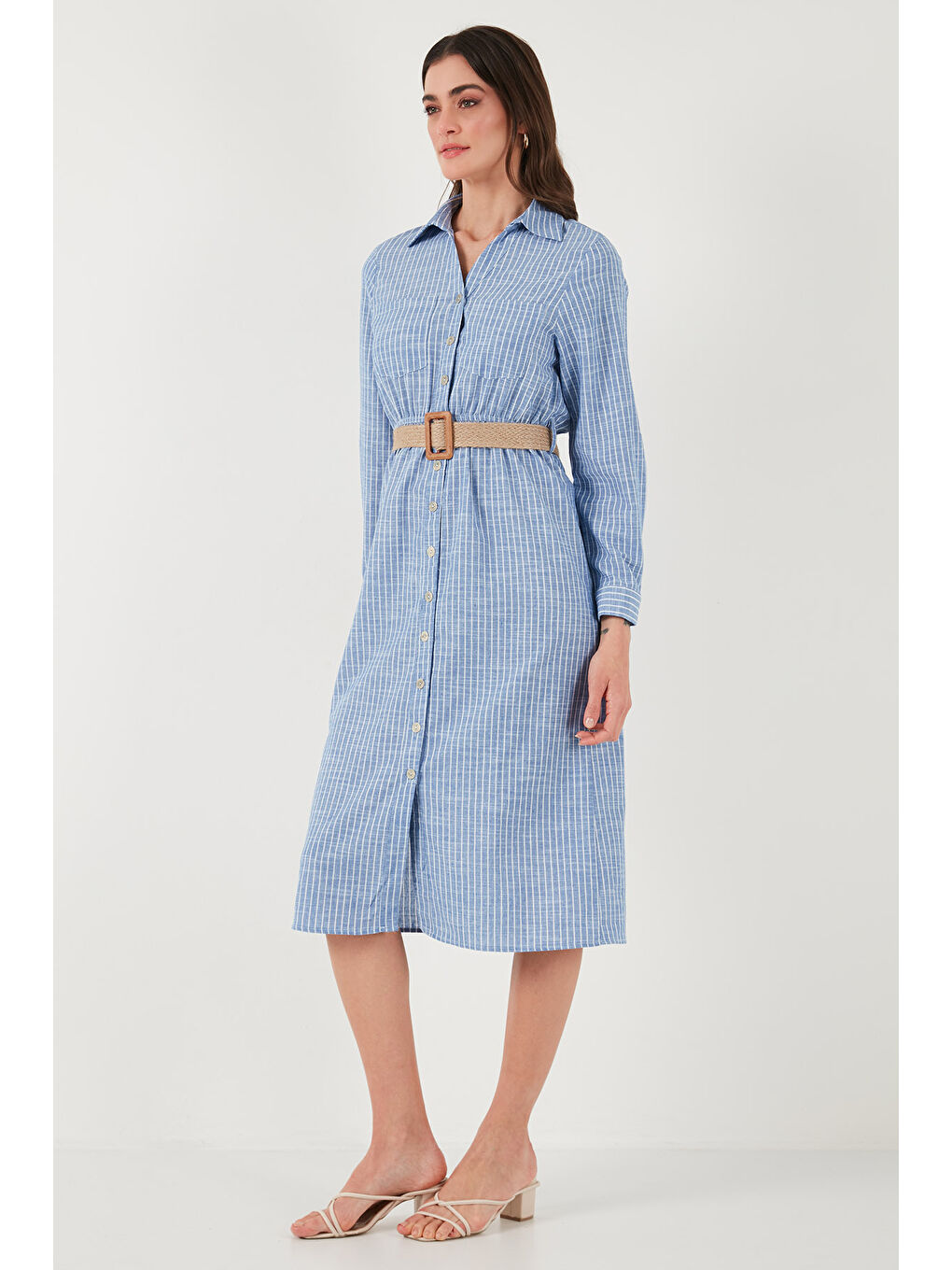 İndigo Pamuklu Regular Fit Kemerli Midi Boy Gömlek Kadın Elbise 67810301-5