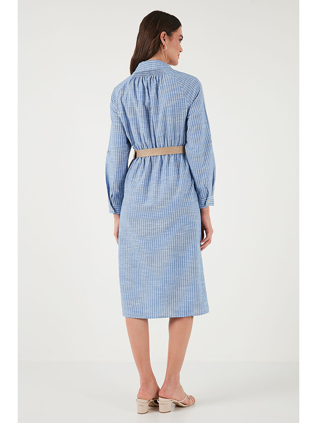 İndigo Pamuklu Regular Fit Kemerli Midi Boy Gömlek Kadın Elbise 67810301-6