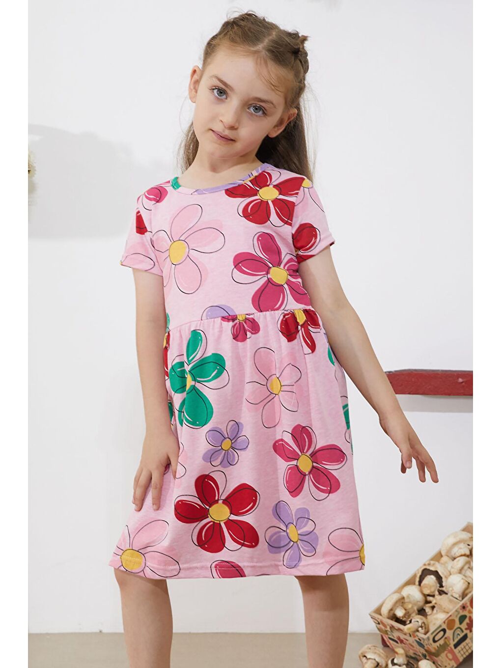 Pembe Çiçek Baskılı Kısa Kollu Kız Çocuk Elbise 18793-1