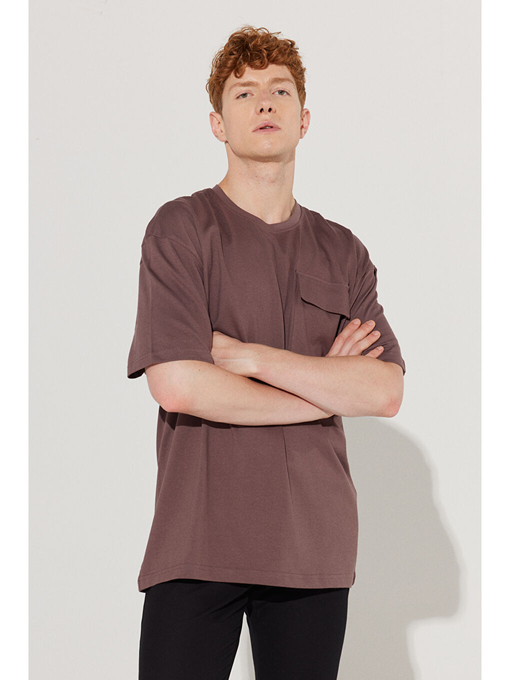 Bordo Erkek Mürdüm Oversize Fit Geniş Kesim Bisiklet Yaka %100 Pamuk Cepli Tişört