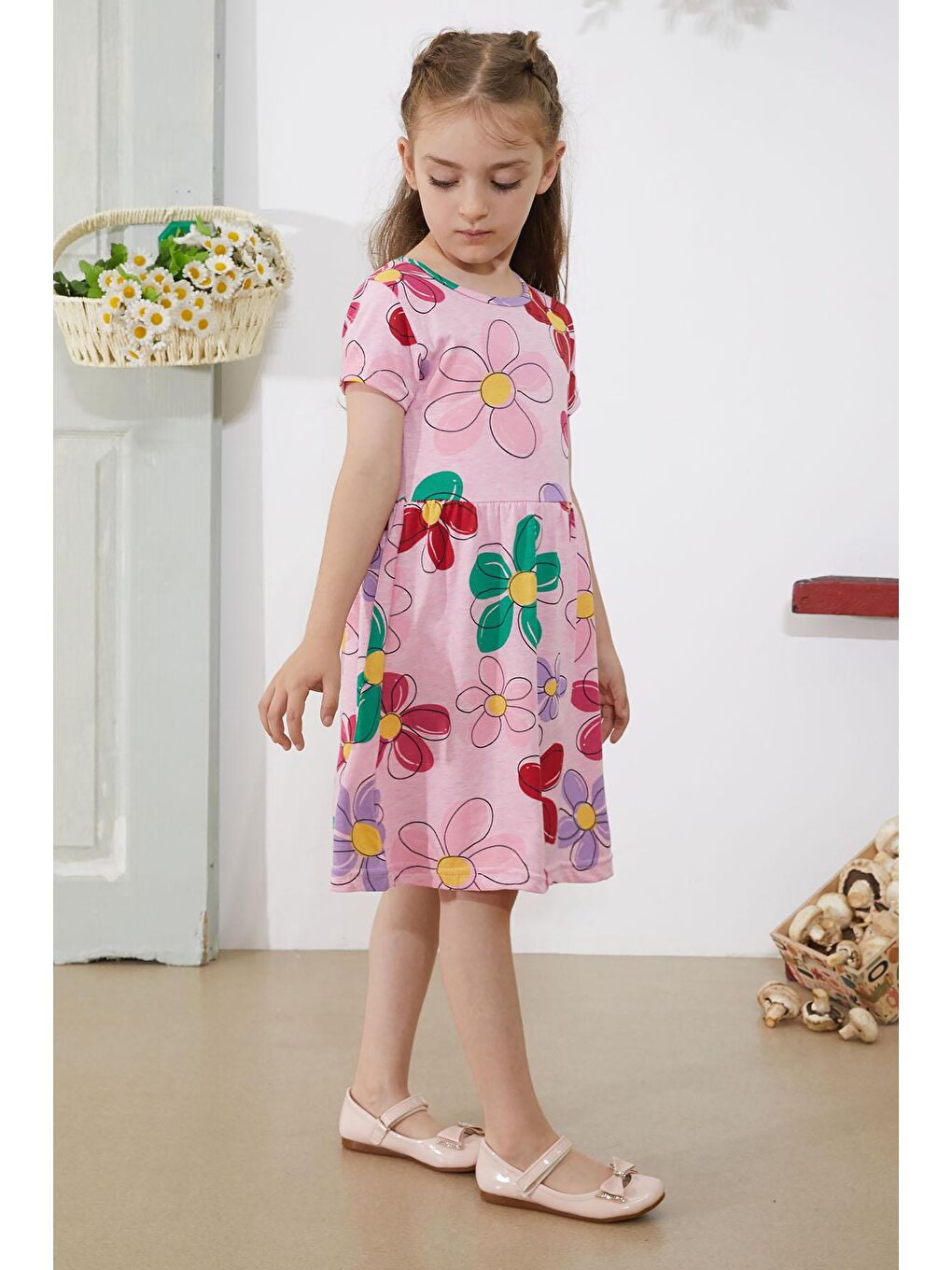 Pembe Çiçek Baskılı Kısa Kollu Kız Çocuk Elbise 18793-2