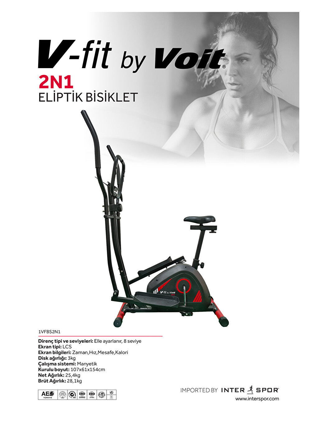 Siyah V-FIT By Voit 2'si 1 Arada Nabız Ölçer Eliptik ve Kondisyon Bisikleti, 120 Kg Taşıma Kapasiteli-3