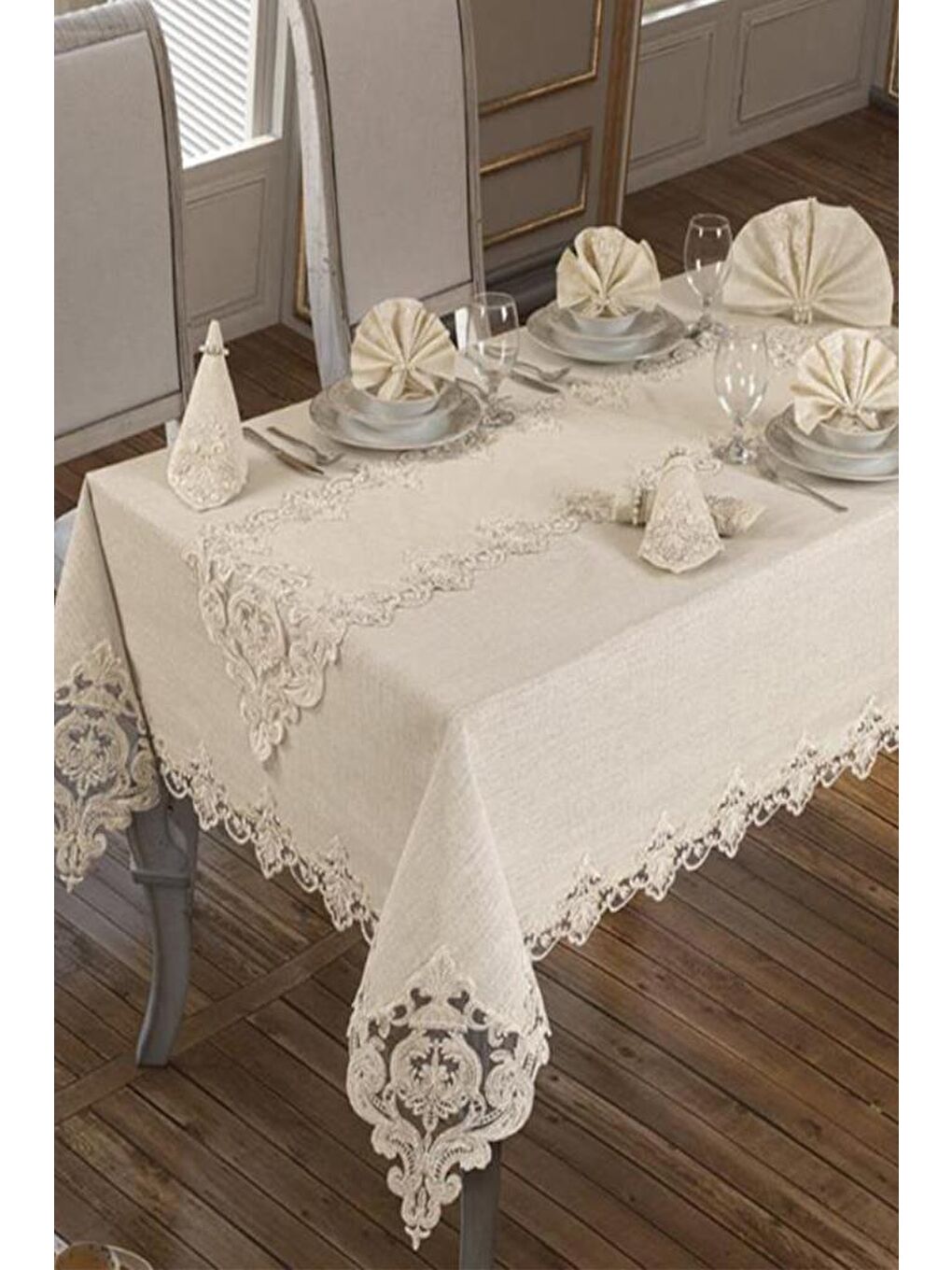 Ekru Miray Masa Örtüsü 160x260 Cm 26 Parça Krem-2