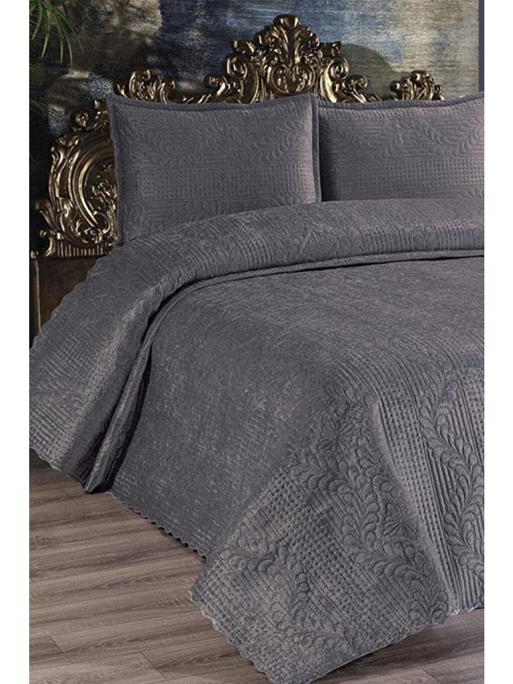 Karışık Velica Çift Kişilik Kadife Yatak Örtüsü Antrasit-1