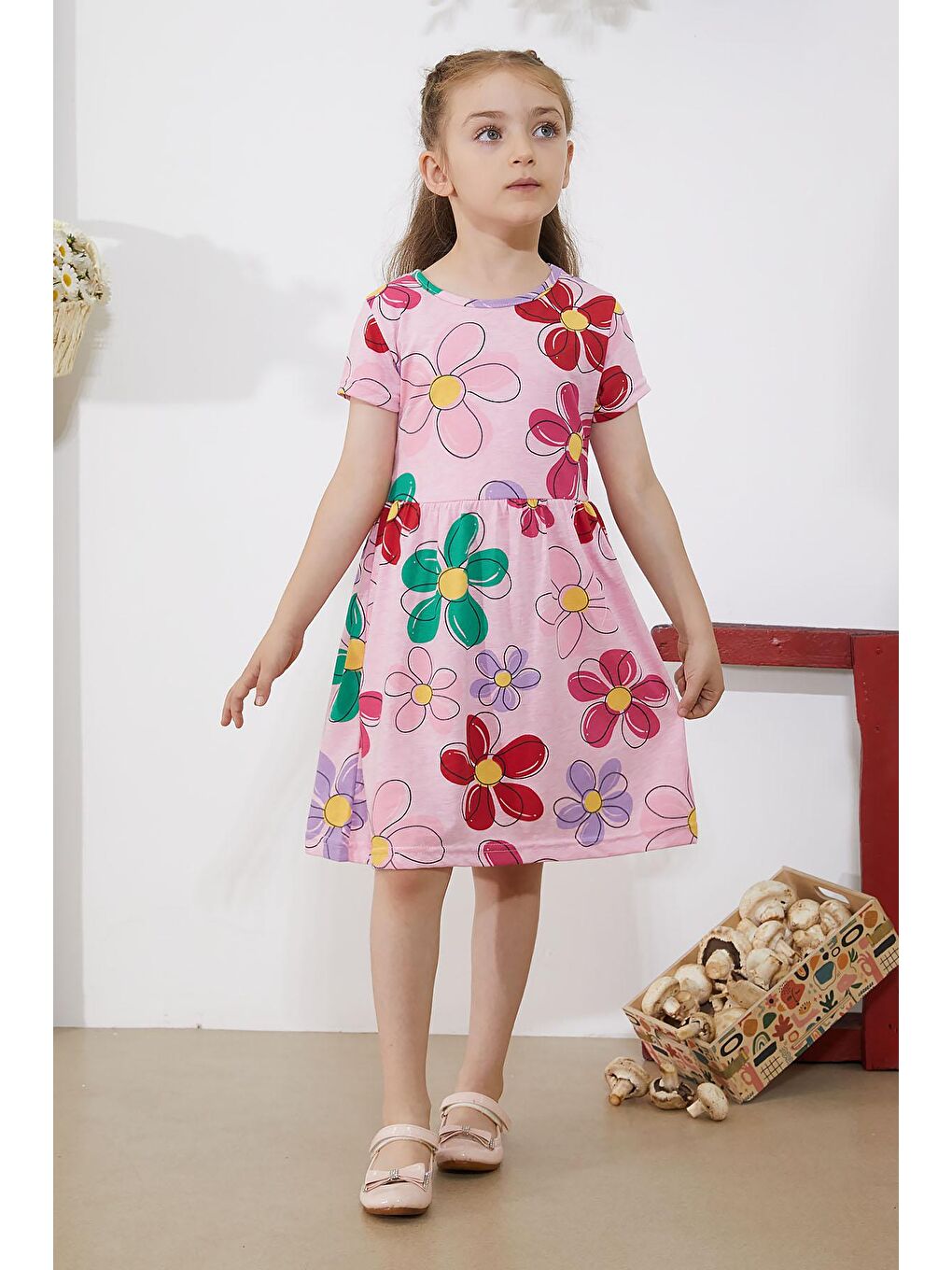 Pembe Çiçek Baskılı Kısa Kollu Kız Çocuk Elbise 18793-3