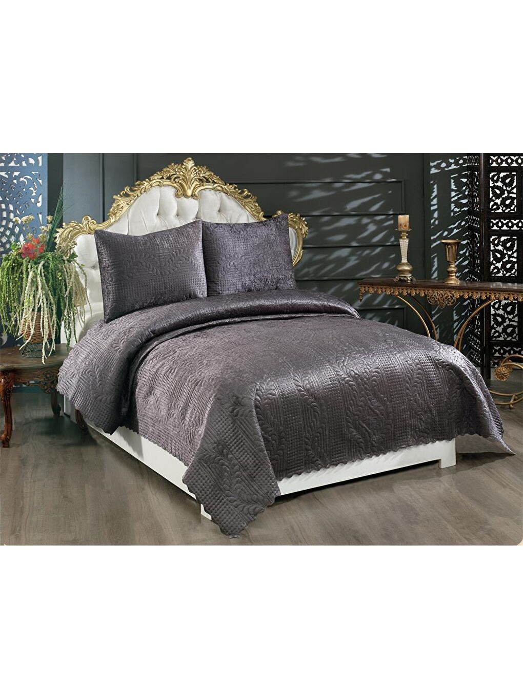 Karışık Velica Çift Kişilik Kadife Yatak Örtüsü Antrasit-2
