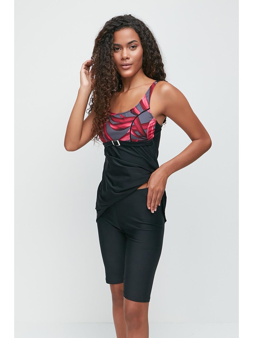 Taytlı Tesettür Mayo  7752 Siyah/Kırmızı-1