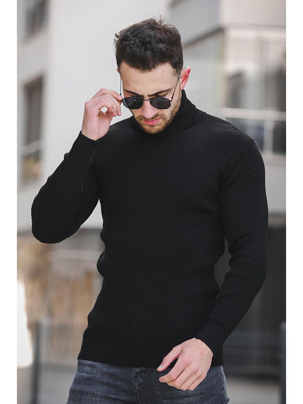 Oksit Siyah 813 İnce Fitilli Slim Fit Erkek Boğazlı Kazak - 2