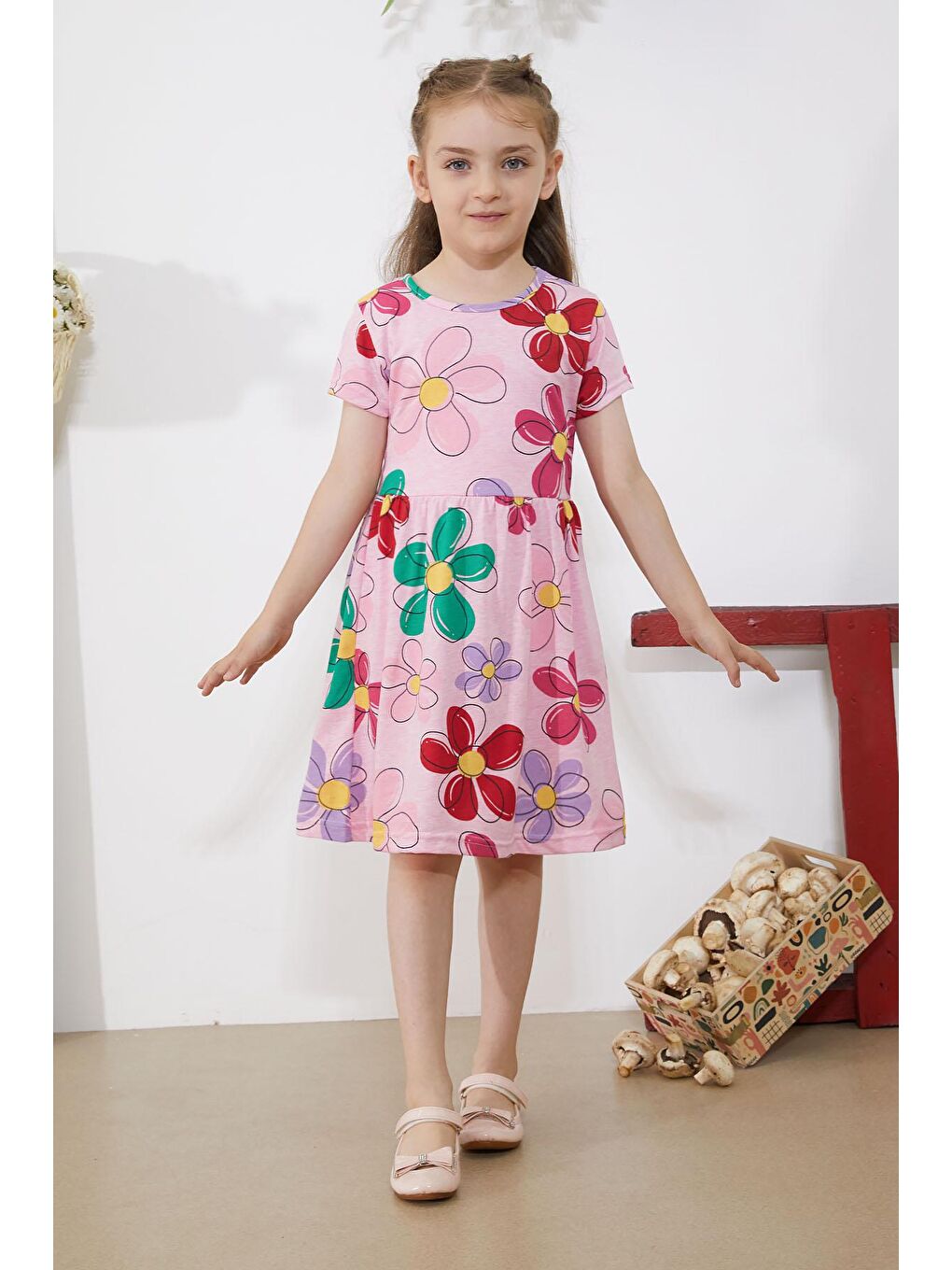 Pembe Çiçek Baskılı Kısa Kollu Kız Çocuk Elbise 18793-4