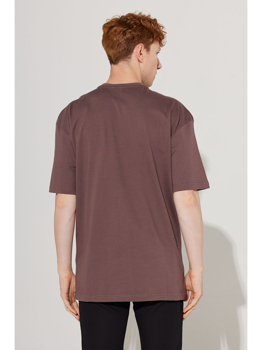 Bordo Erkek Mürdüm Oversize Fit Geniş Kesim Bisiklet Yaka %100 Pamuk Cepli Tişört-1