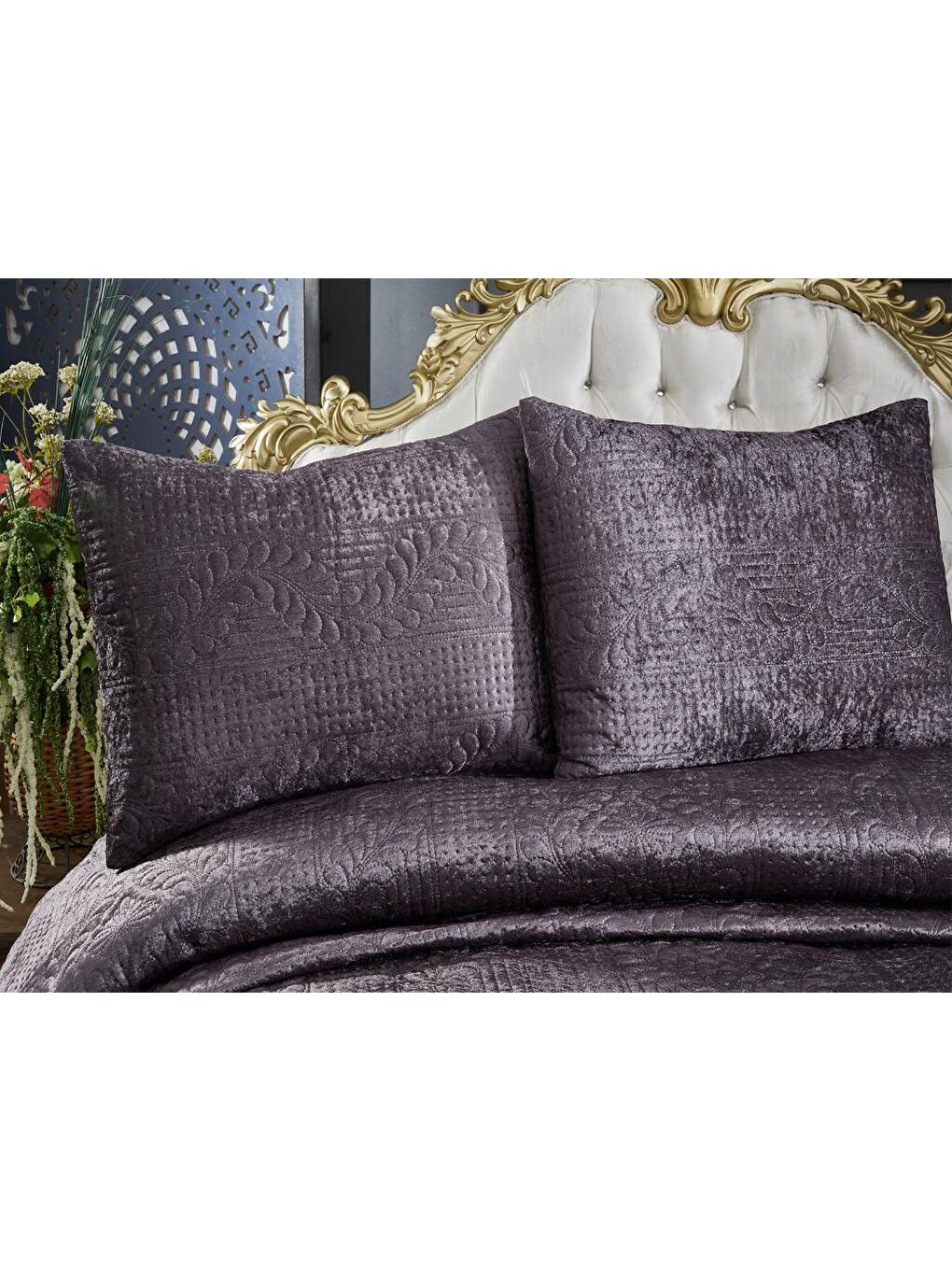 Karışık Velica Çift Kişilik Kadife Yatak Örtüsü Antrasit-3