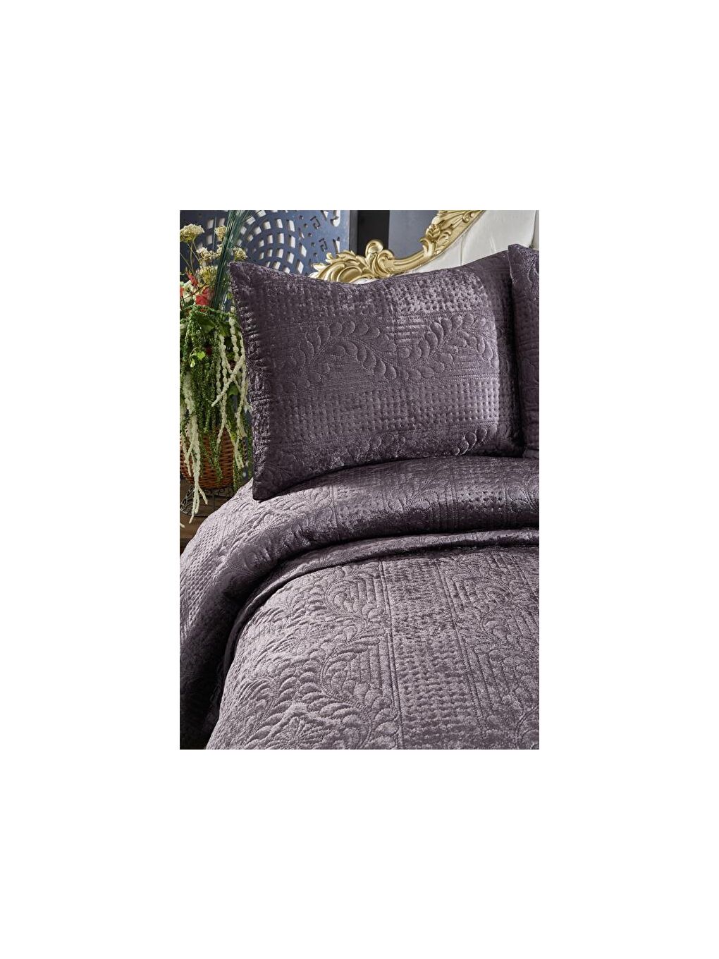 Karışık Velica Çift Kişilik Kadife Yatak Örtüsü Antrasit-5