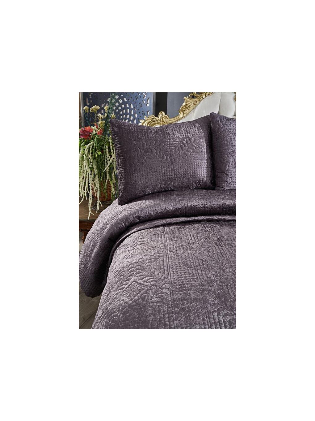 Karışık Velica Çift Kişilik Kadife Yatak Örtüsü Antrasit-6