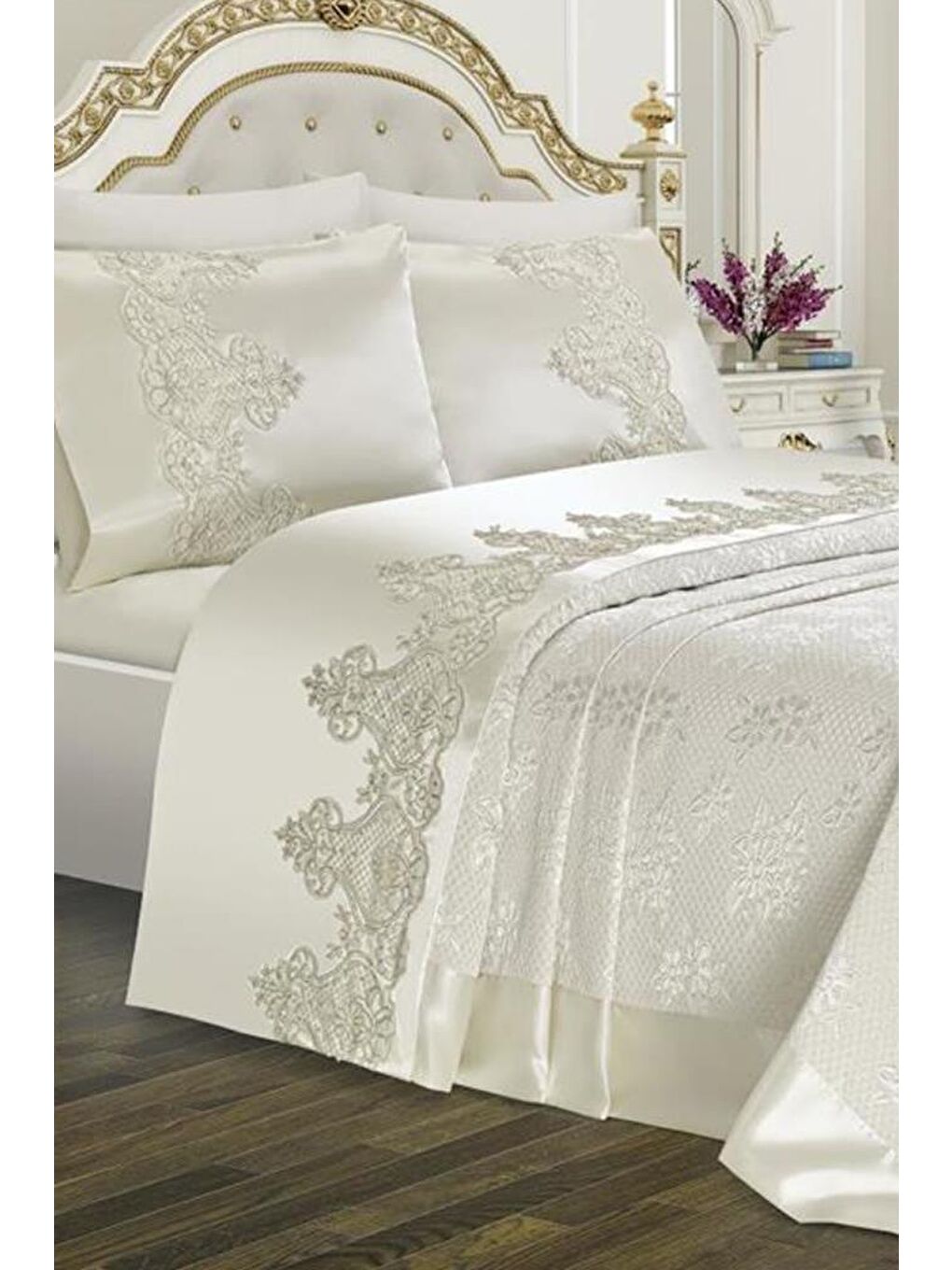 Karışık Çeyizlik Gelin Seti Dubai Sade 7 Parça Krem-1