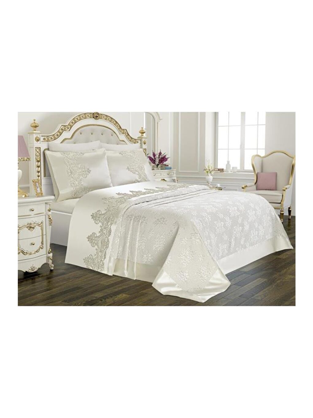 Karışık Çeyizlik Gelin Seti Dubai Sade 7 Parça Krem-2