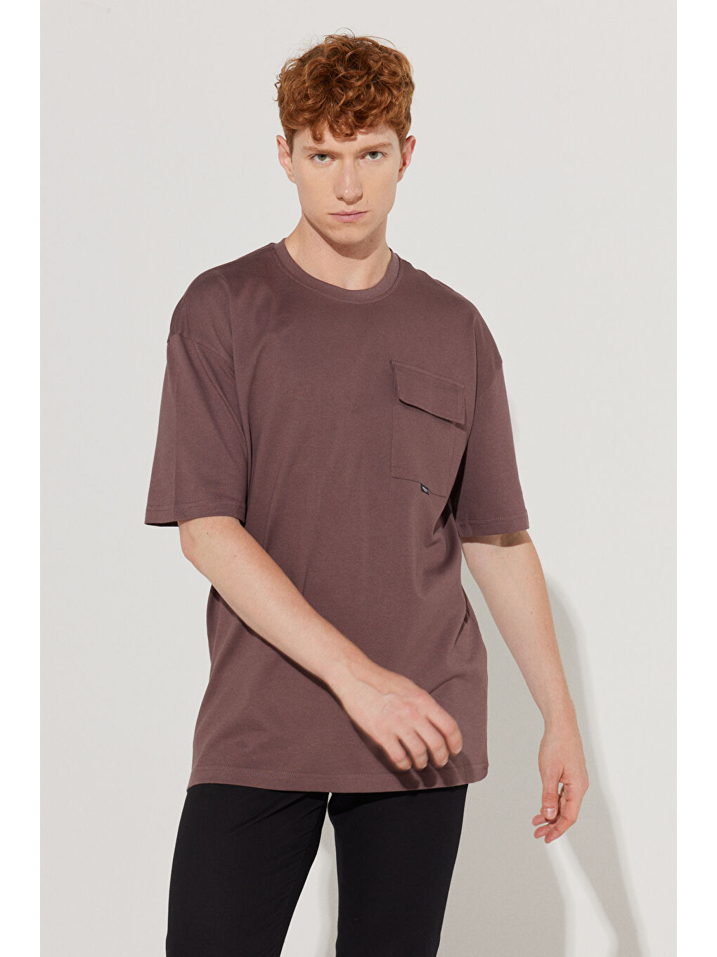 Bordo Erkek Mürdüm Oversize Fit Geniş Kesim Bisiklet Yaka %100 Pamuk Cepli Tişört-3