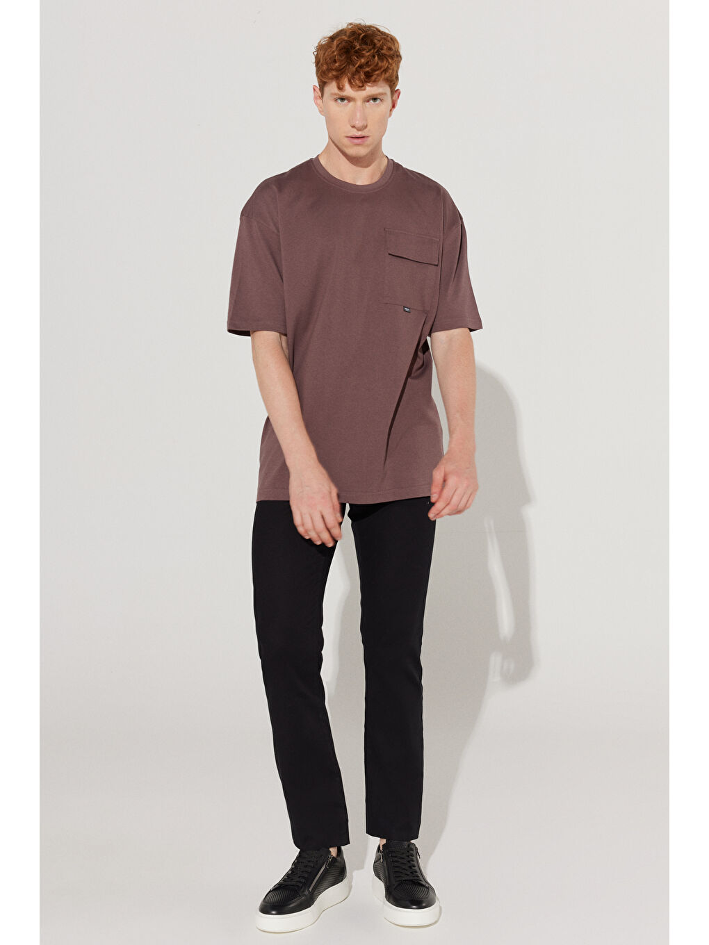 Bordo Erkek Mürdüm Oversize Fit Geniş Kesim Bisiklet Yaka %100 Pamuk Cepli Tişört-4