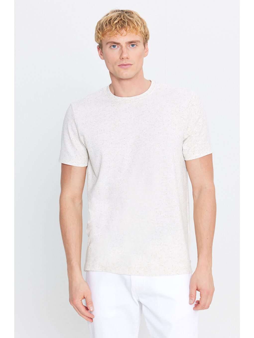 Erkek Bej Slim Fit Dar Kesim Bisiklet Yaka Jakarlı Tişört