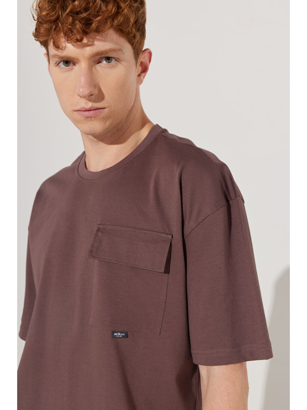 Bordo Erkek Mürdüm Oversize Fit Geniş Kesim Bisiklet Yaka %100 Pamuk Cepli Tişört-5