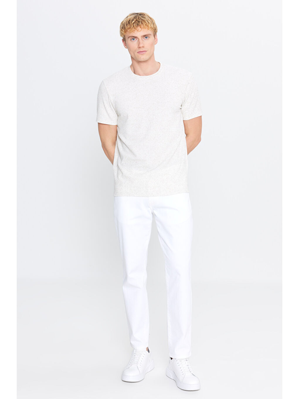 Erkek Bej Slim Fit Dar Kesim Bisiklet Yaka Jakarlı Tişört-1