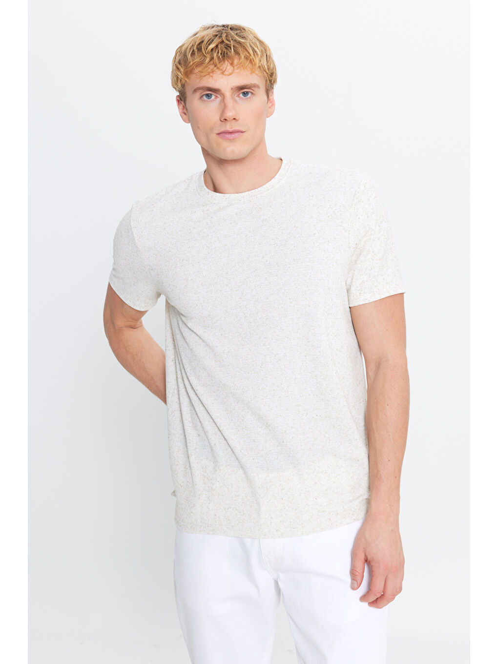 Erkek Bej Slim Fit Dar Kesim Bisiklet Yaka Jakarlı Tişört-2