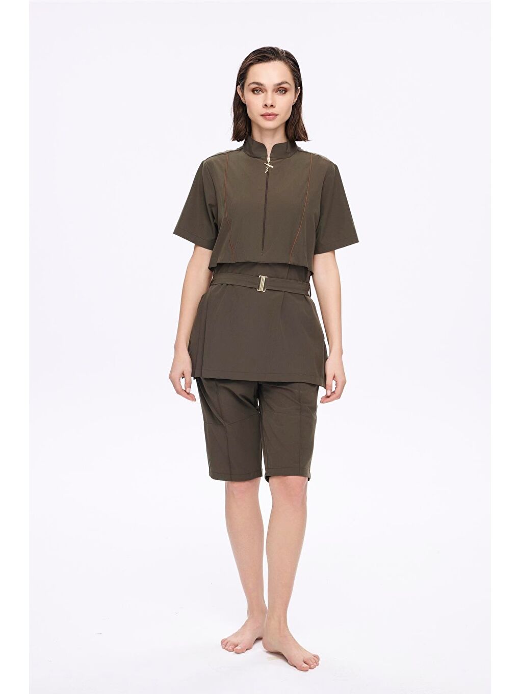 Kemer Toka Detaylı Haki 5 Parça Yarı Kapalı Mayo Takımı 5047